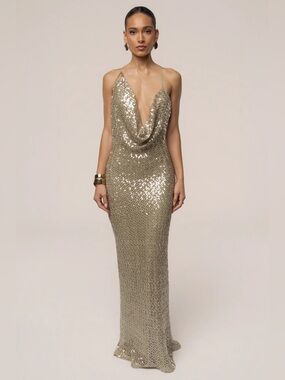 NWT JLUX Sage Marisela Sequin Maxi Dress Gold Cowl Neck Evening Gown REVOLVE FA